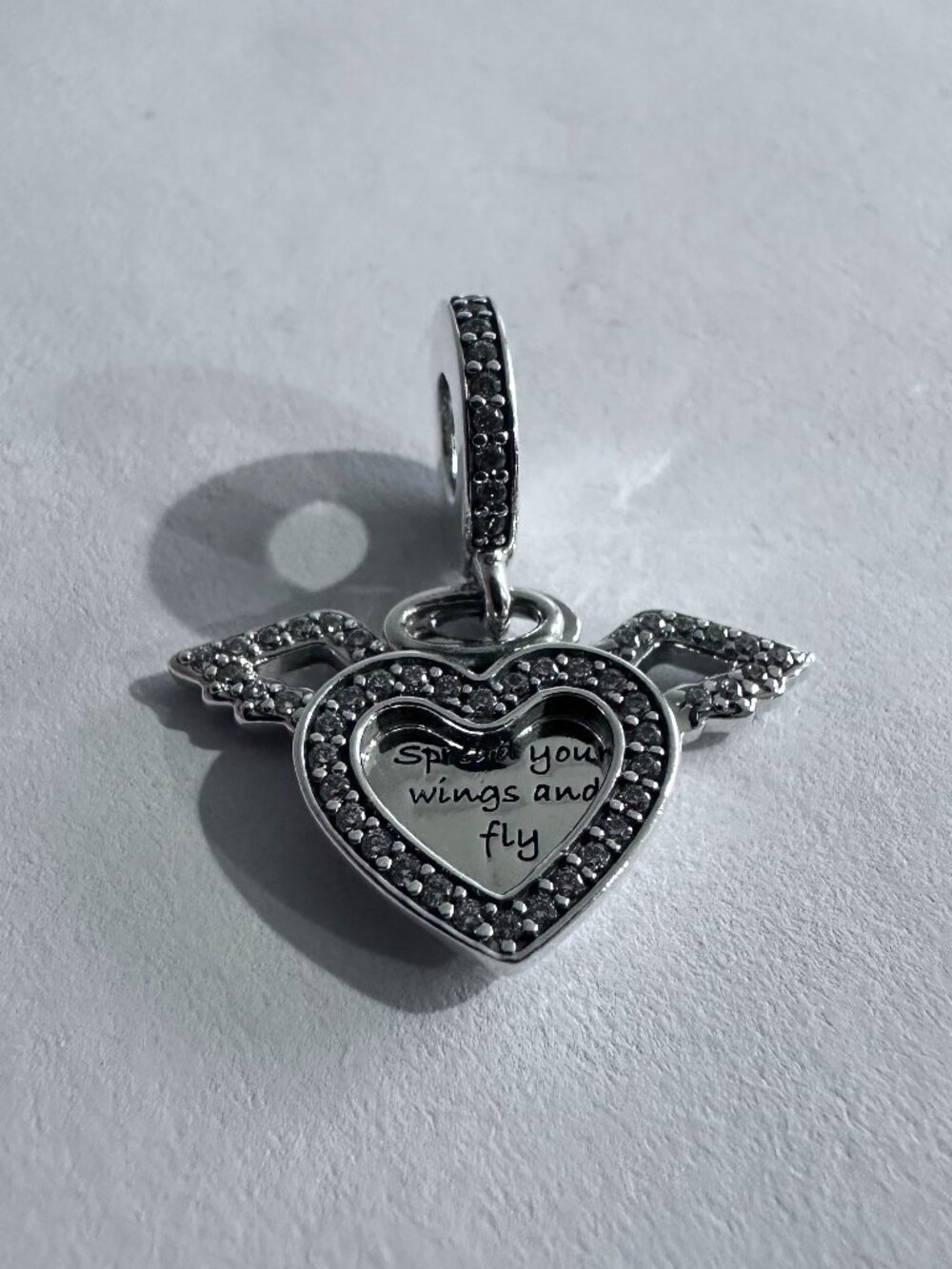 New Authentic Pandora Silver Charm Heart and Angel Wings Dangle Charm 796361NCB